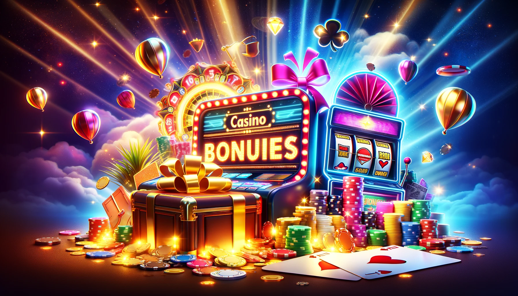 1 _A vibrant and enticing horizontal image showcasing the concept of online casino bonuses. The scene is filled with typical casino elements like slot ma