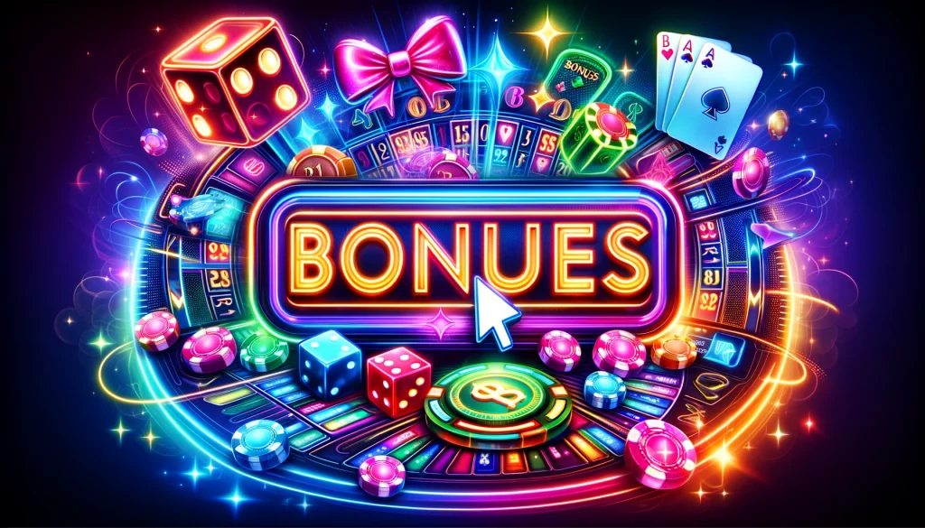 A vibrant and dynamic horizontal image showcasing the theme of online casino bonuses, featuring a dazzling array of neon lights and symbols commonly a